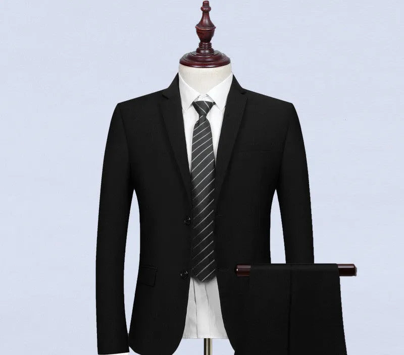 Men's slim fit black business suit set with flat collar and coordinated trousers