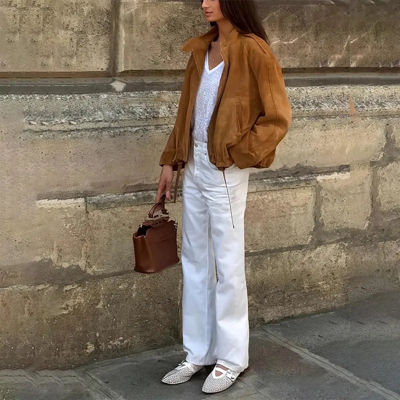 Retro solid colour loose fit polyester jacket with long sleeves on mannequin