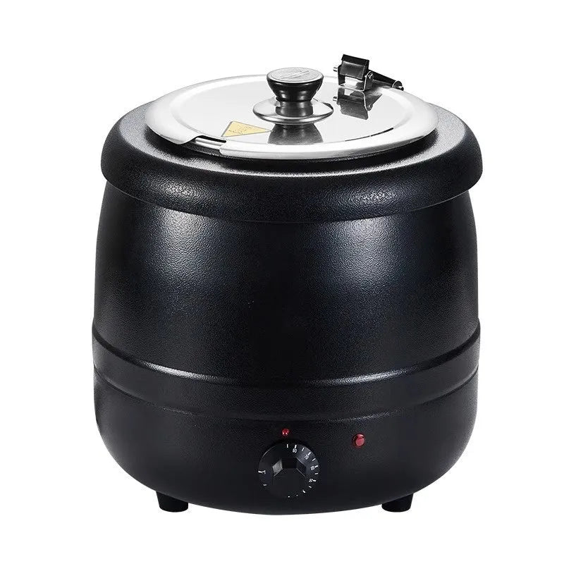Black stainless steel insulated electric soup pot with steel lid and adapter plug, 10 litre capacity