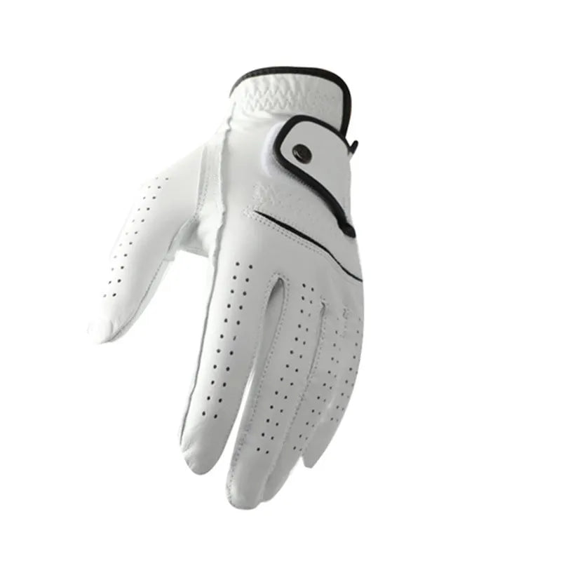 White half sheepskin men's golf glove laid flat, showing non-slip palm.