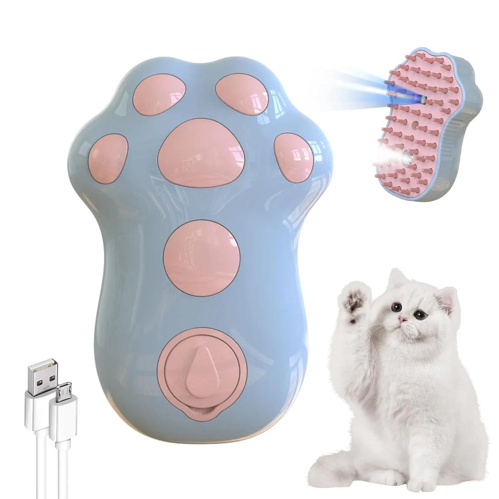Blue self-cleaning cat steam brush with silicone bristles and a release button for pet grooming