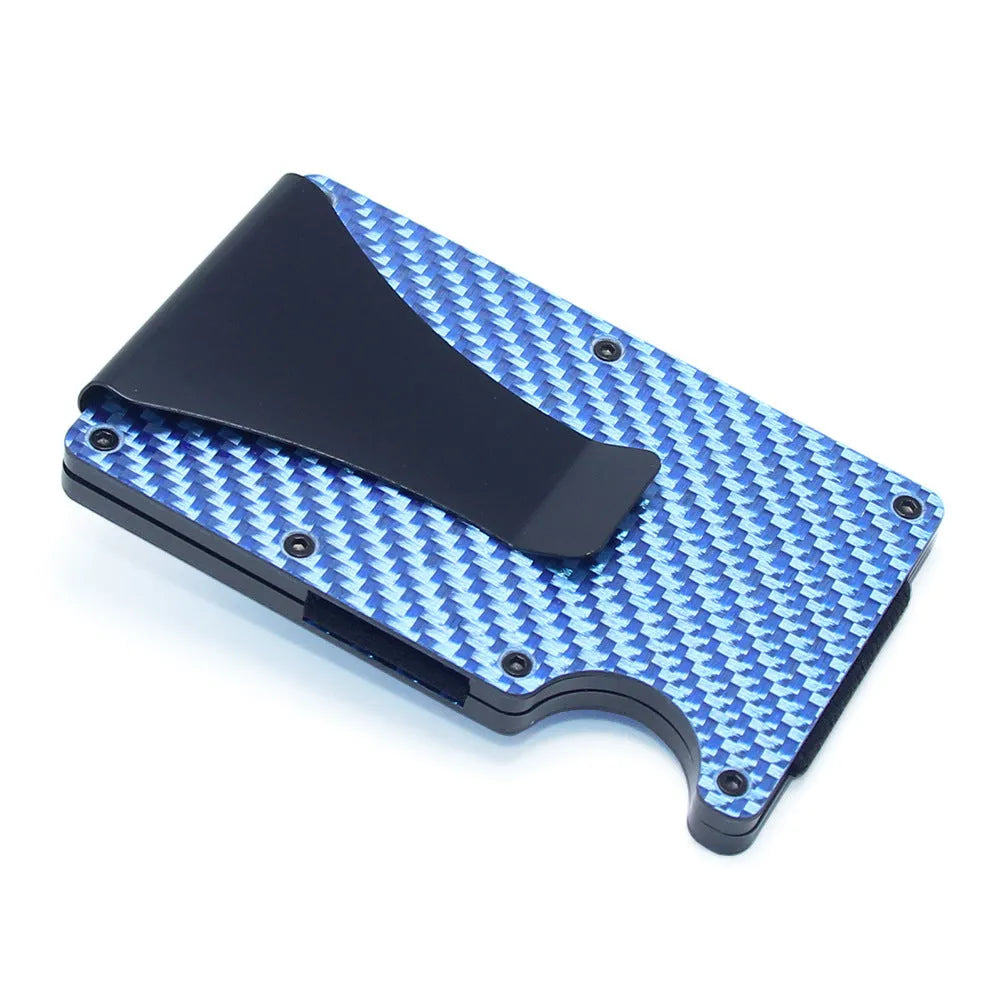 Geometric carbon fibre business card holder showing 8mm thickness with multiple colour finish options