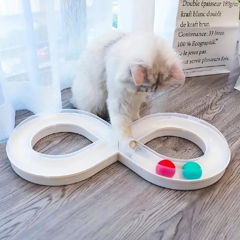 Blue and white cat turntable track ball toy with spinning mechanism for interactive play