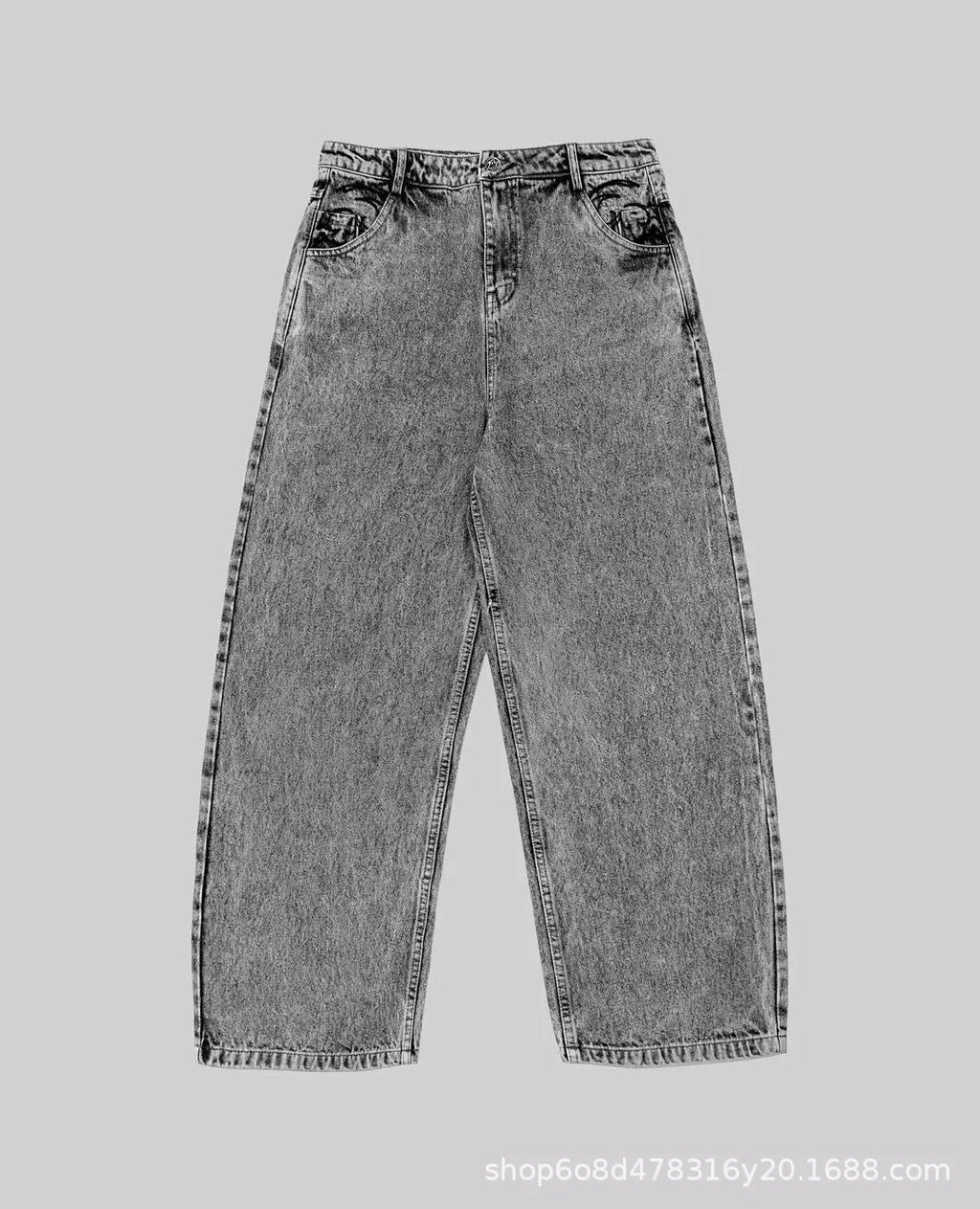 Grey loose straight-leg denim trousers showing mid-waist design on mannequin