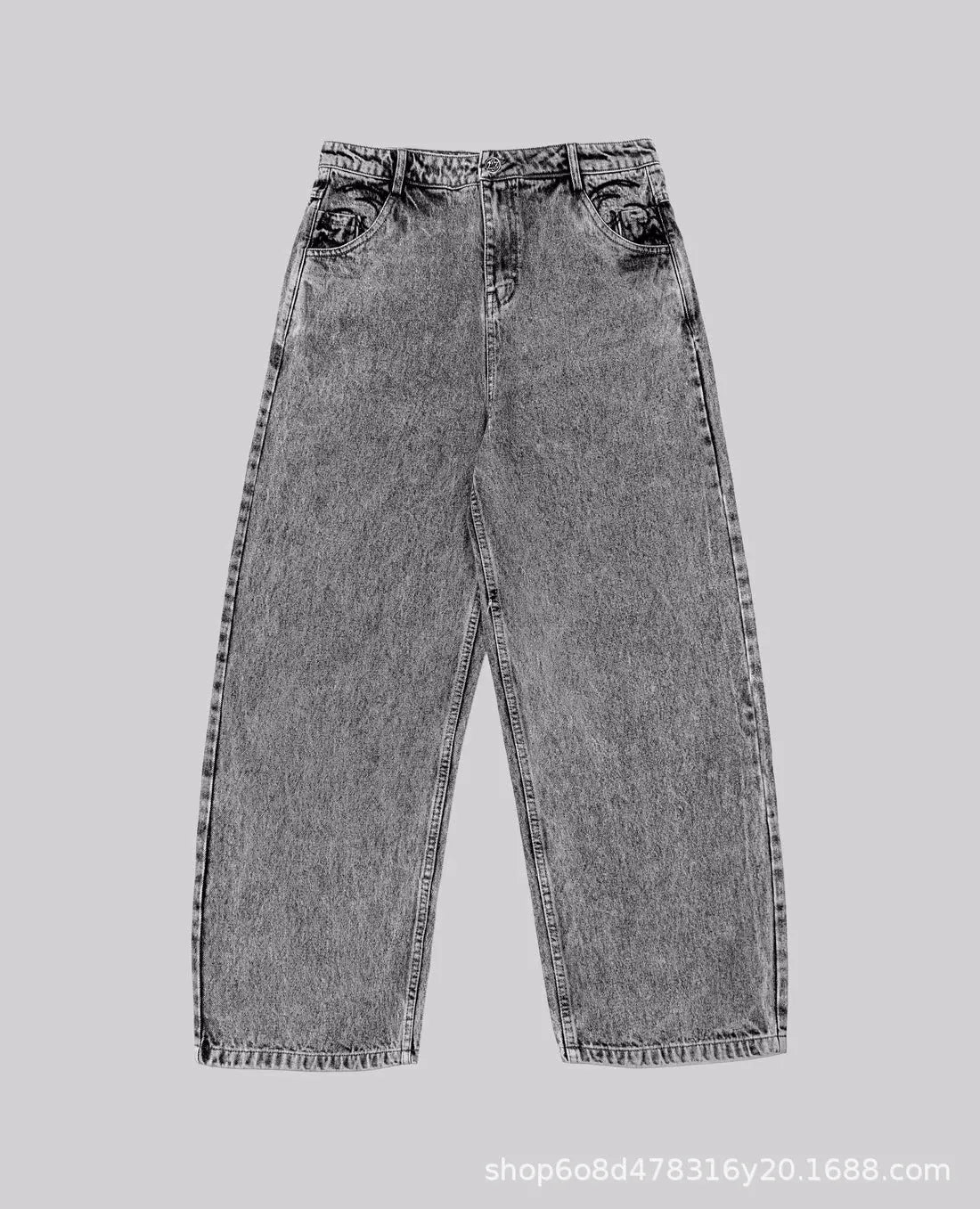 Grey loose straight-leg denim trousers showing mid-waist design on mannequin