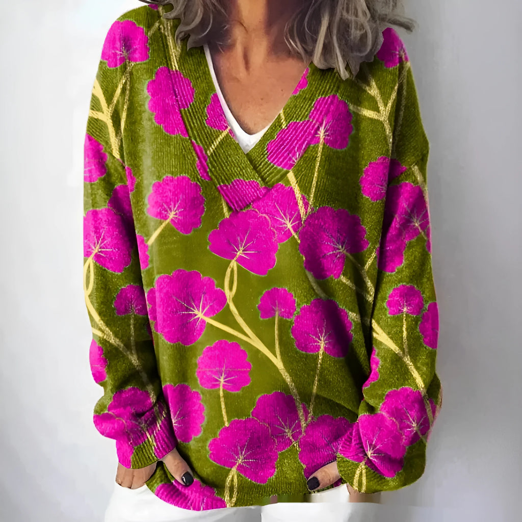 Women's retro-style V-neck sweatshirt with a 3D floral pattern print and long sleeves.