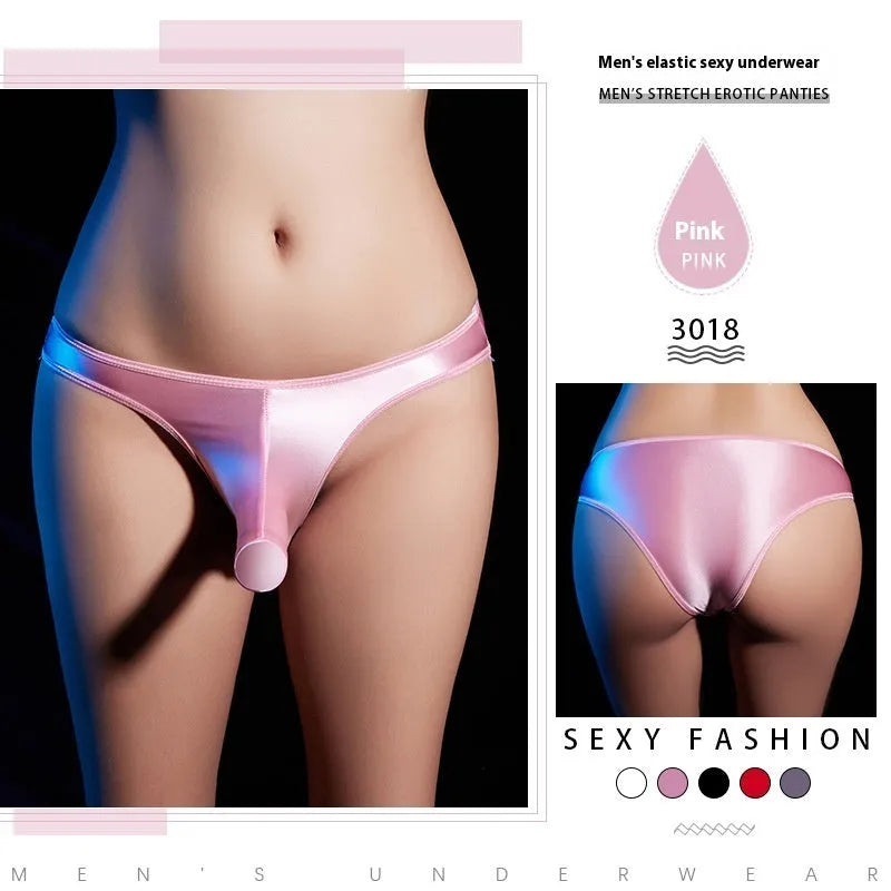 Men's low waist T-back underwear in shiny nylon fabric showing colour options including black, red, and white