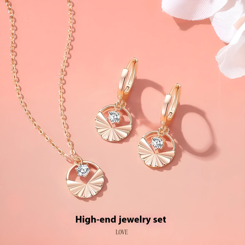 925 silver round geometric necklace and earrings set in rose gold with diamond treatment