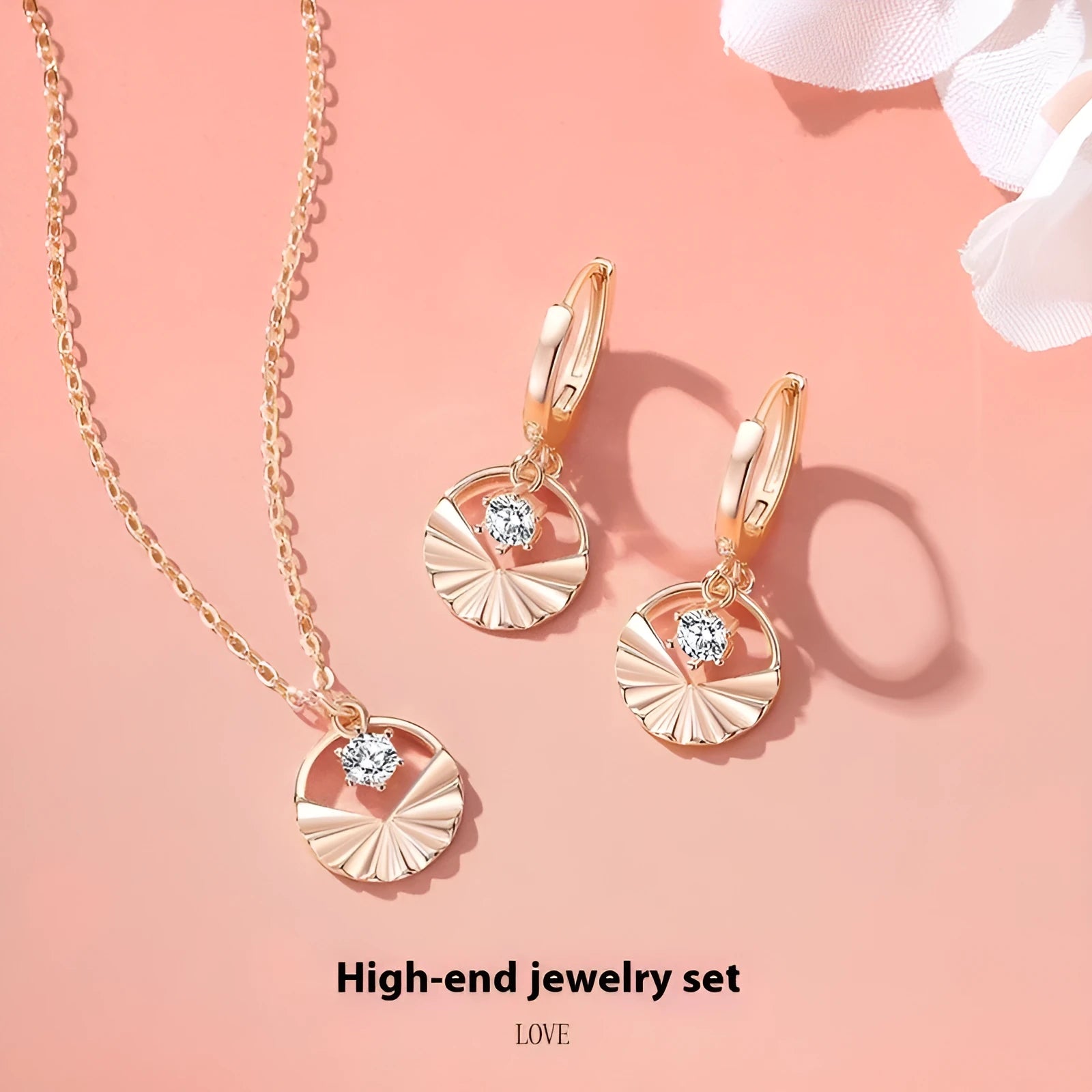 925 silver round geometric necklace and earrings set in rose gold with diamond treatment
