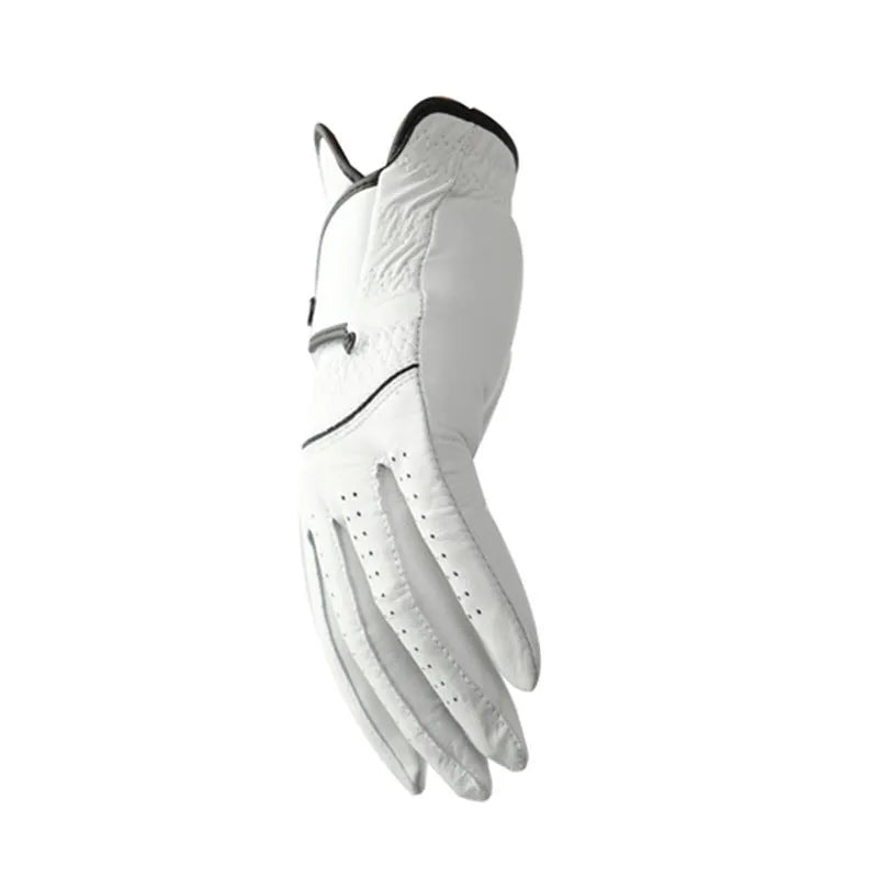 White half sheepskin men's golf glove laid flat, showing non-slip palm.