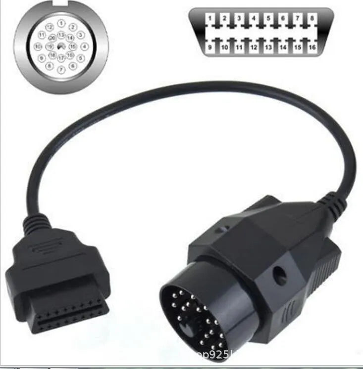 BMW OBD2 diagnostic adapter cable showing 20-pin male plug and 16-pin female OBD2 socket.