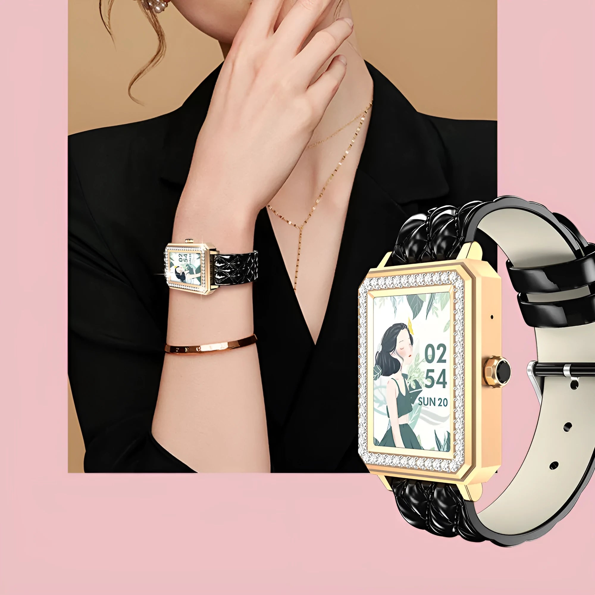 Women's smart bracelet with 1.65 inch screen and genuine leather strap in black gold colour