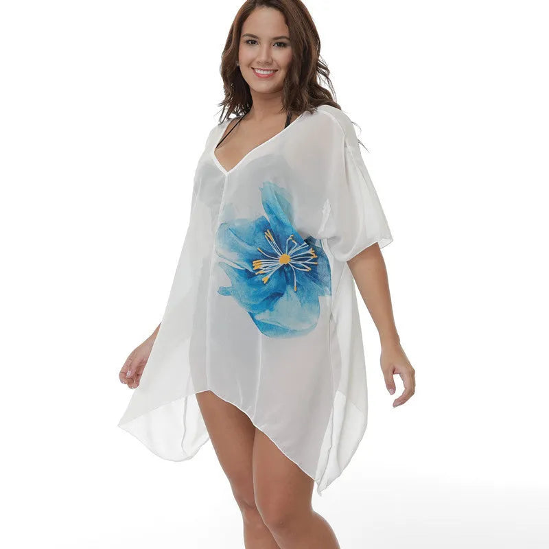 White plus size beach cover-up blouse for swimming and sun protection