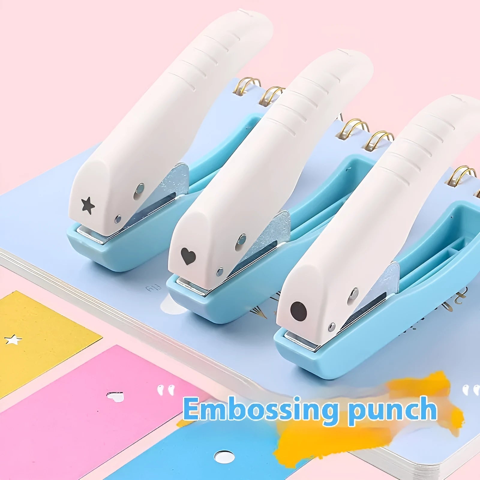 Small manual punching machine with 4mm embossed kindergarten patterns showing Love, Round and Star shapes