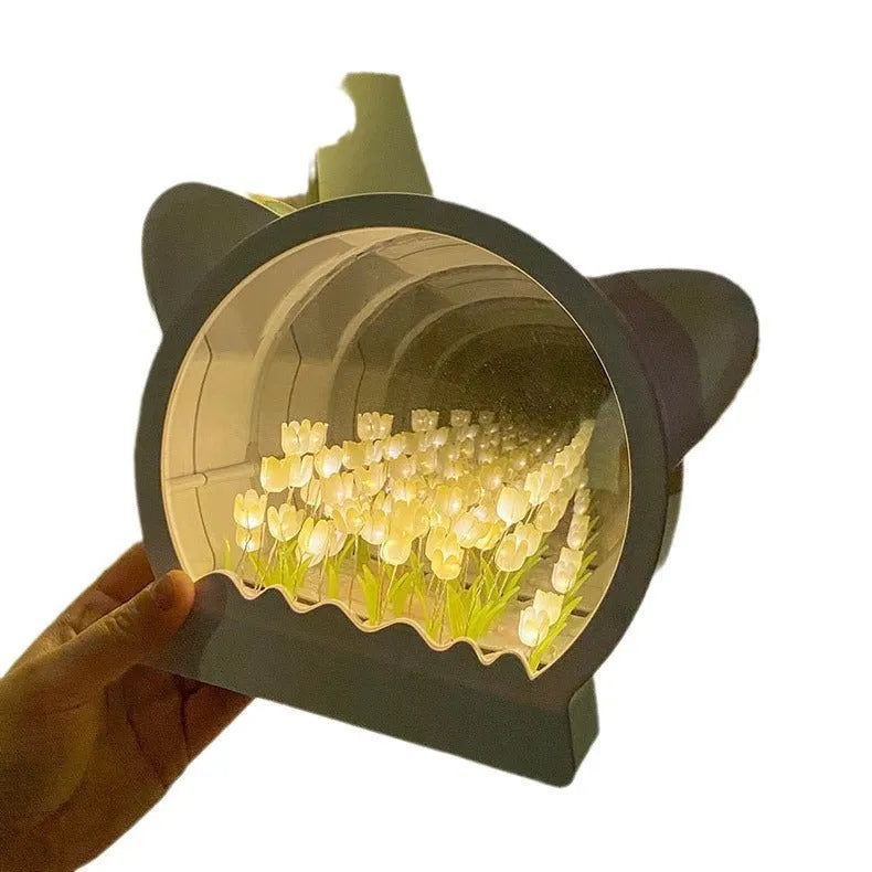 DIY Cat Head Tulip Flower Sea Night Lamp craft kit with tulip materials on a table