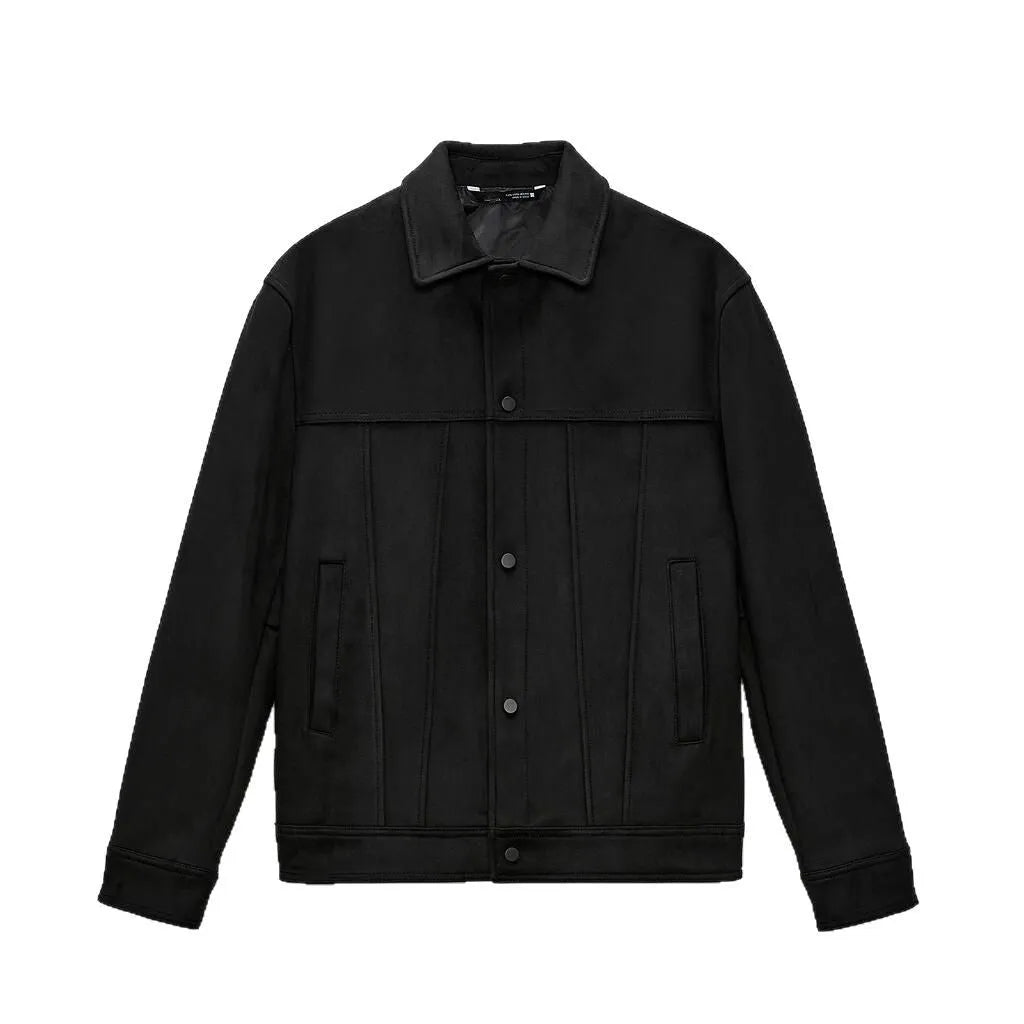 Black men's hooded jacket with cotton blend fabric and side pockets in regular length