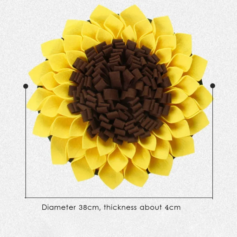 Yellow sunflower snuffle mat for dog nosework training with rope attachment