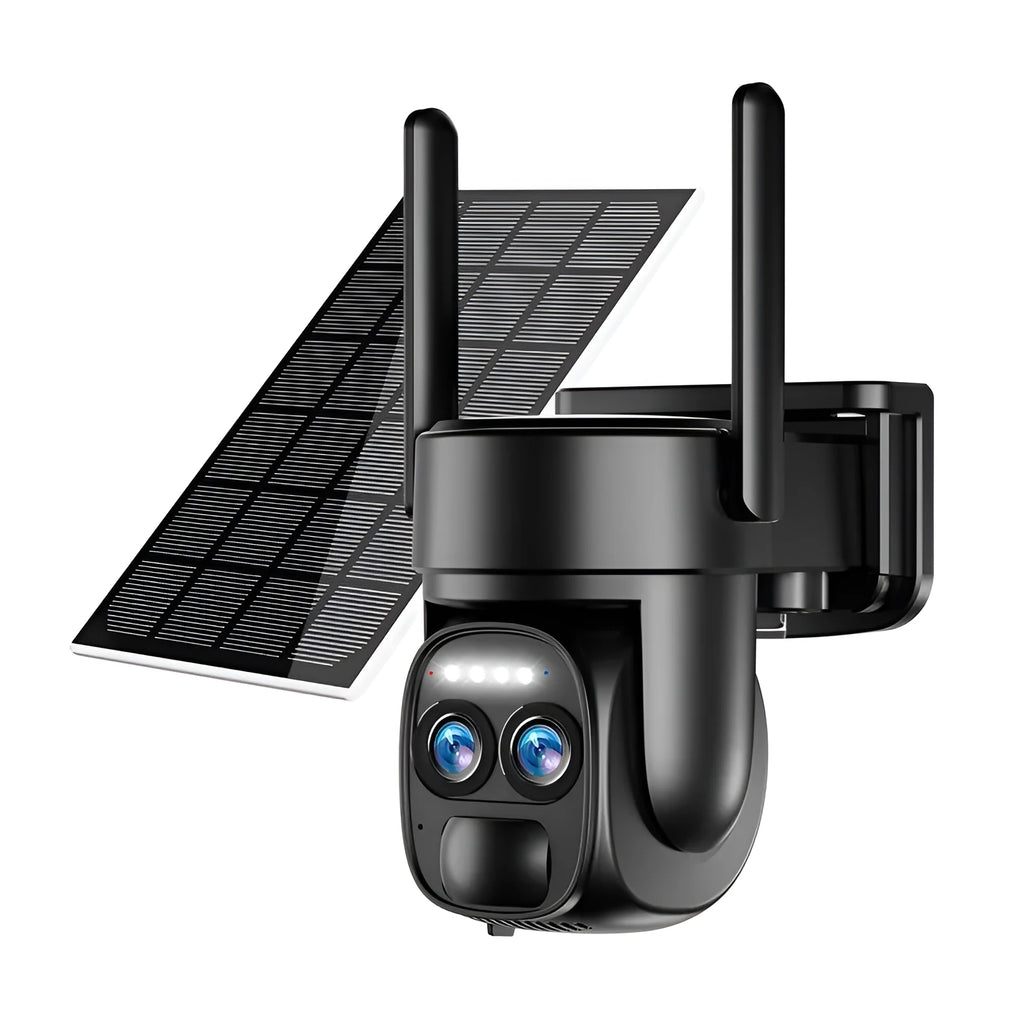 Solar-powered security camera with 8x zoom lens and dual 4G/WiFi connectivity for home surveillance