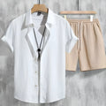 Men's casual 3D printed Hawaiian style short sleeve shirt and matching shorts set in elastic polyester fabric.