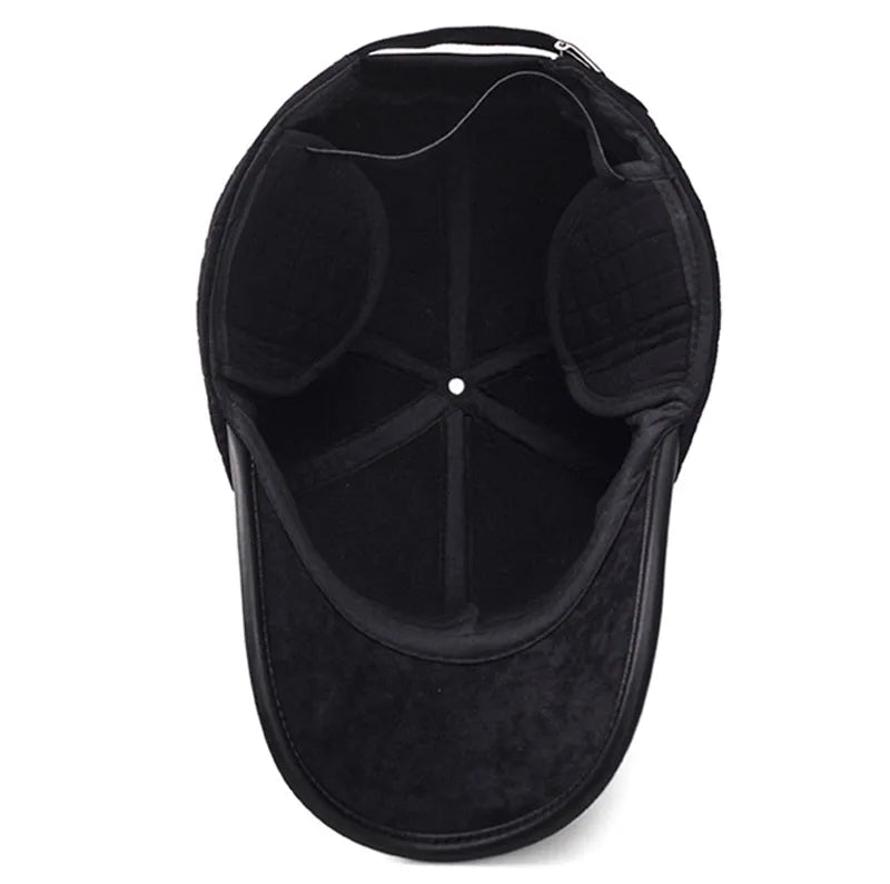 Men's black winter thickened cotton baseball cap with ear protection, adjustable 56-60 cm circumference