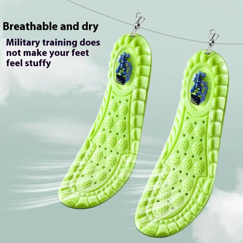 Green PU sports insoles with air cushion and argwormwood, shown with size scale.