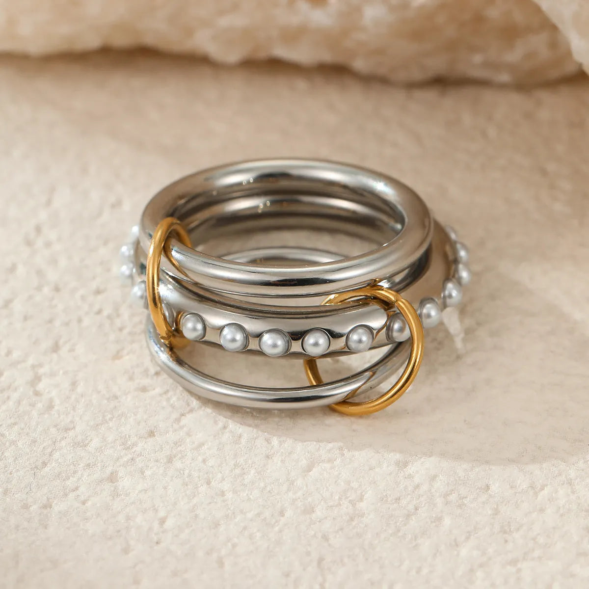 Stacked colour matching stainless steel ring set with 18K gold plating for women