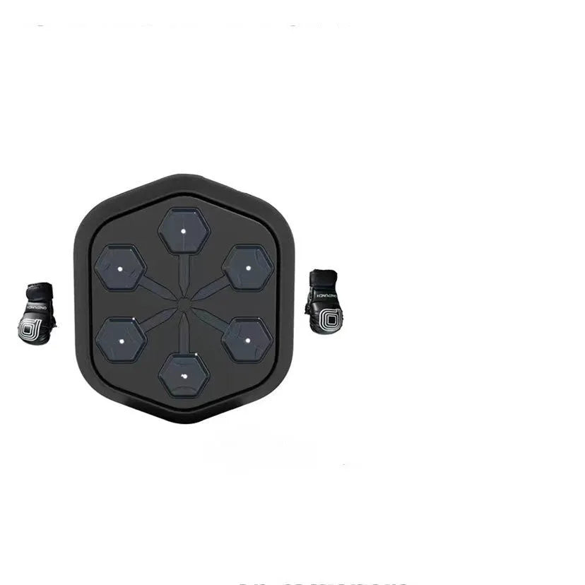 Black smart boxing machine with Bluetooth connection and velcro targets, includes boxing gloves