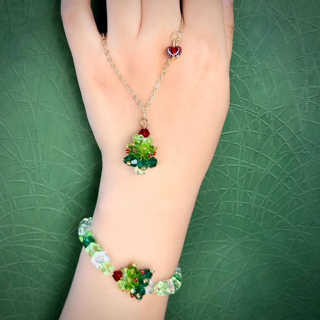 Red bow handmade beaded ear stud necklace bracelet set with mixed materials in New Chinese style