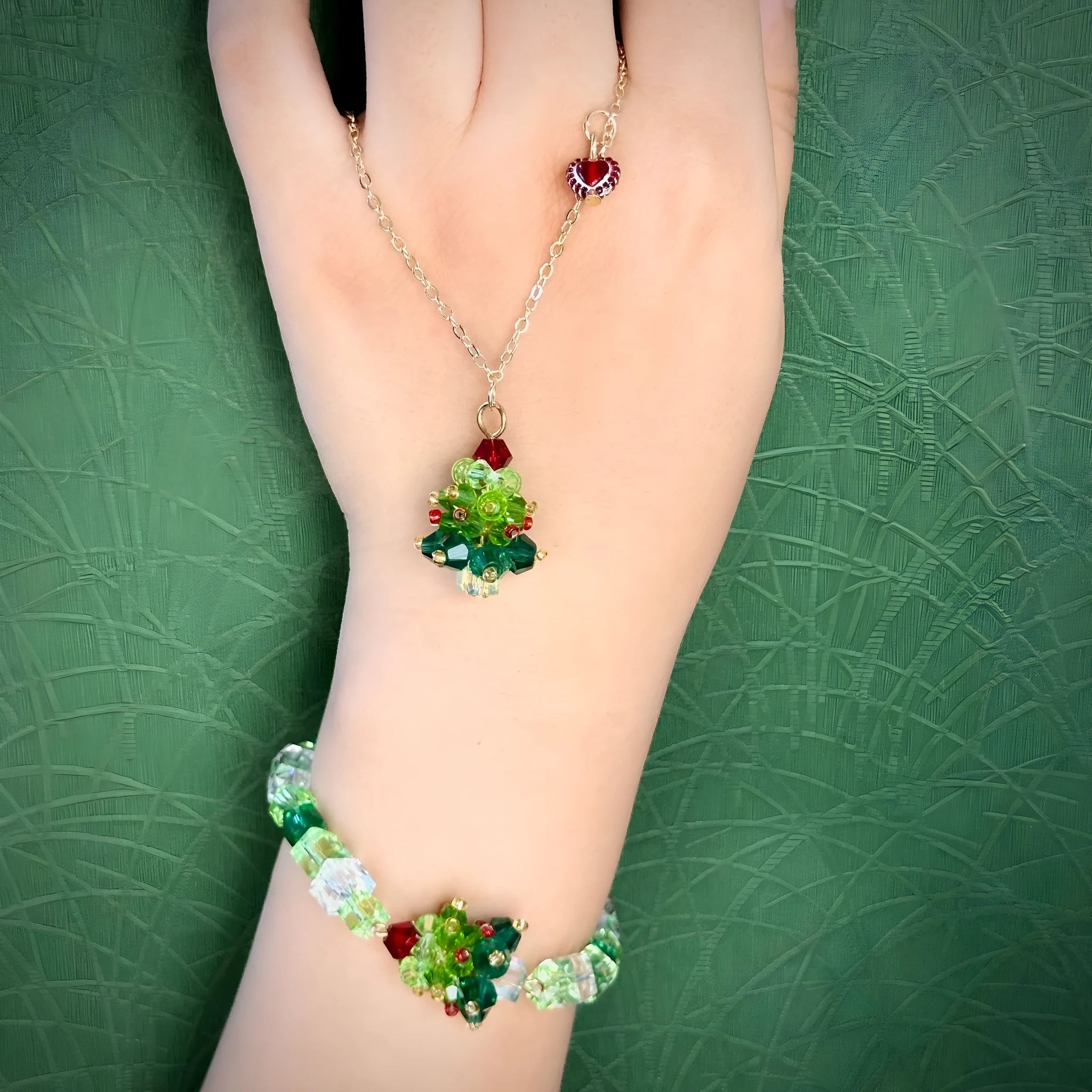 Red bow handmade beaded ear stud necklace bracelet set with mixed materials in New Chinese style