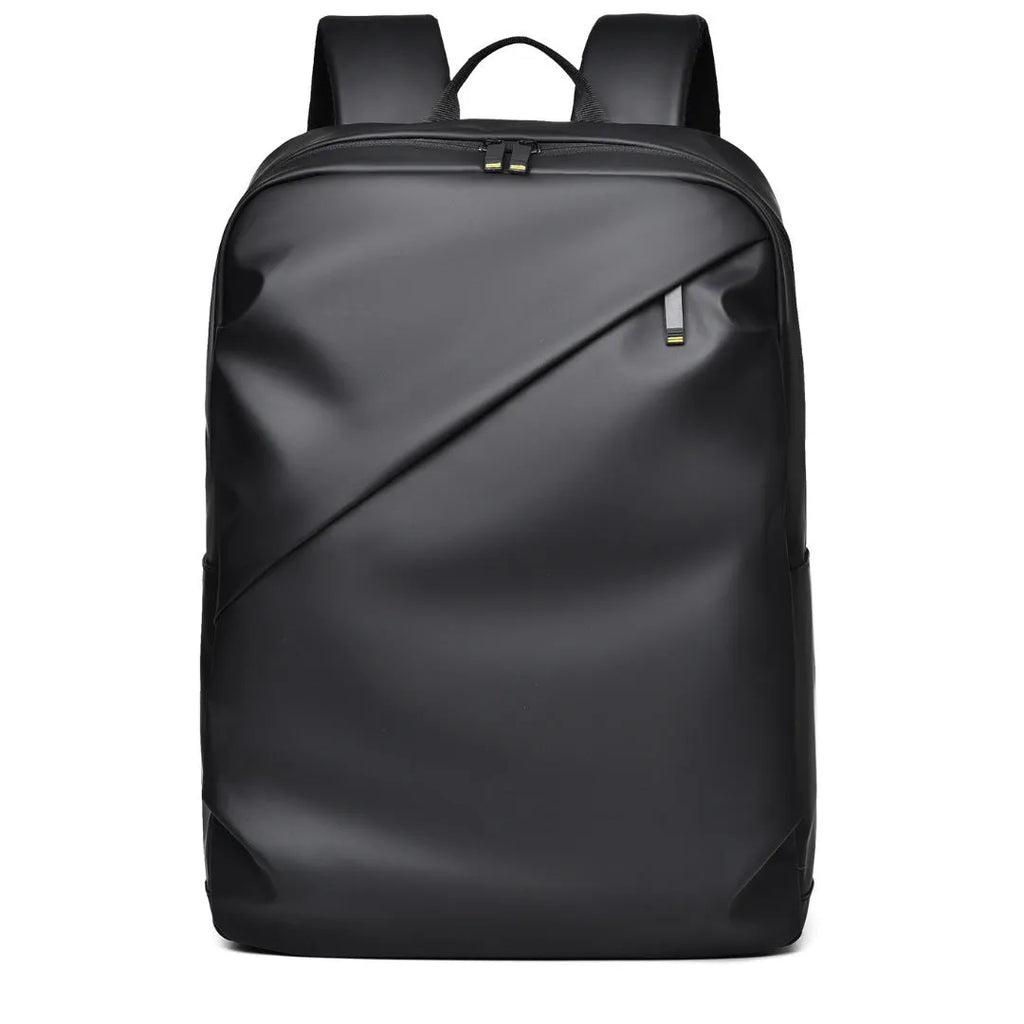 Large waterproof backpack in black with sewing thread detailing and included computer bag