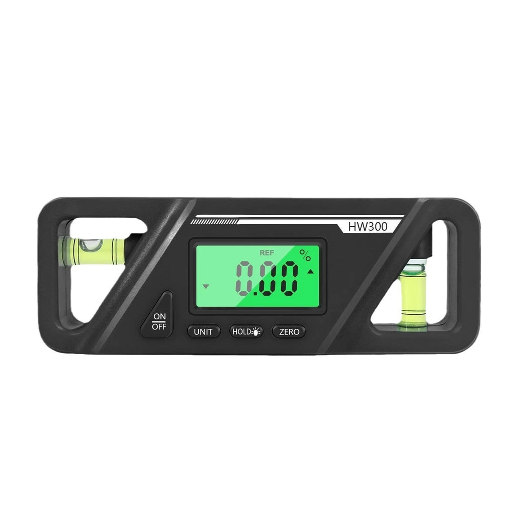 Digital magnetic inclinometer level meter showing angle reading on display, placed on a metal surface.