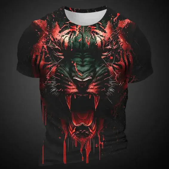 Men's grey t-shirt featuring a large, realistic 3D tiger head print on the chest.