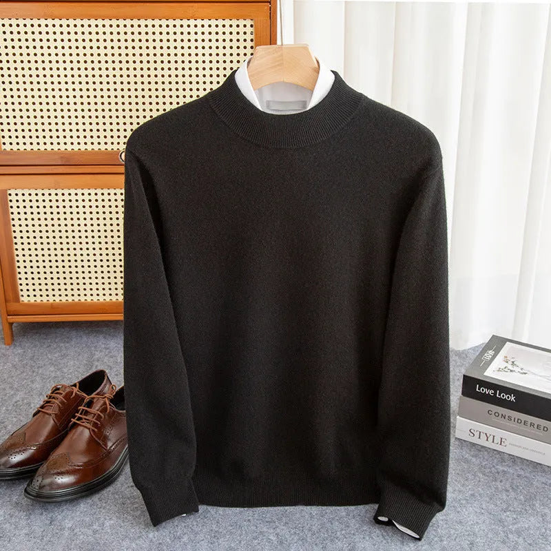 Men's loose fit half-collar wool sweater in a neutral colour on a hanger