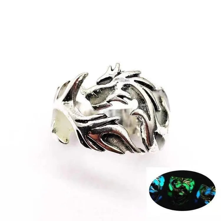Adjustable Chinese dragon pattern ring in antique silver blue green electroplated colours