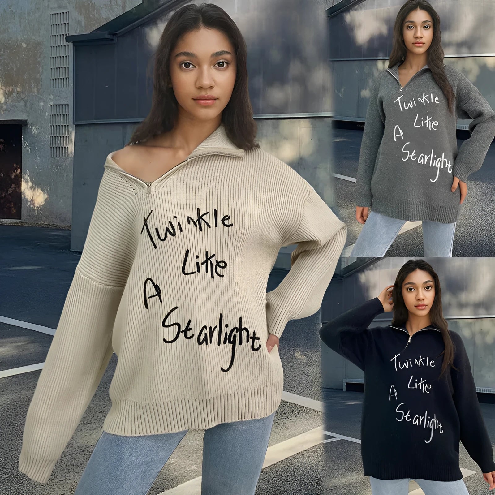 Light khaki women's alpaca wool pullover sweater with oblique diagonal zipper and loose lapel collar