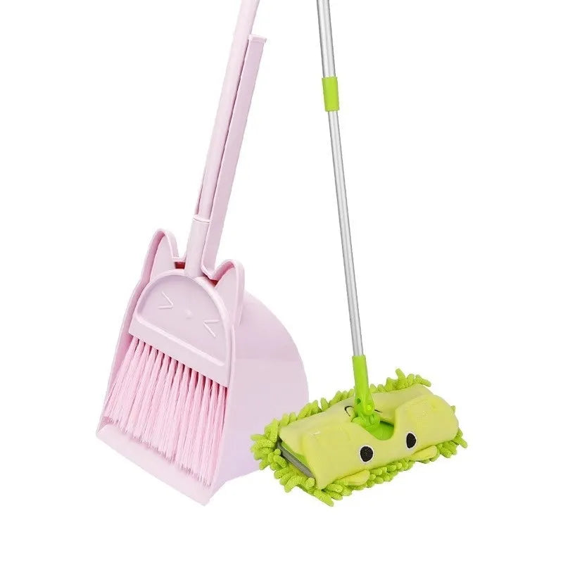 Beige plastic broom and dustpan set standing in a rotating long brush holder.