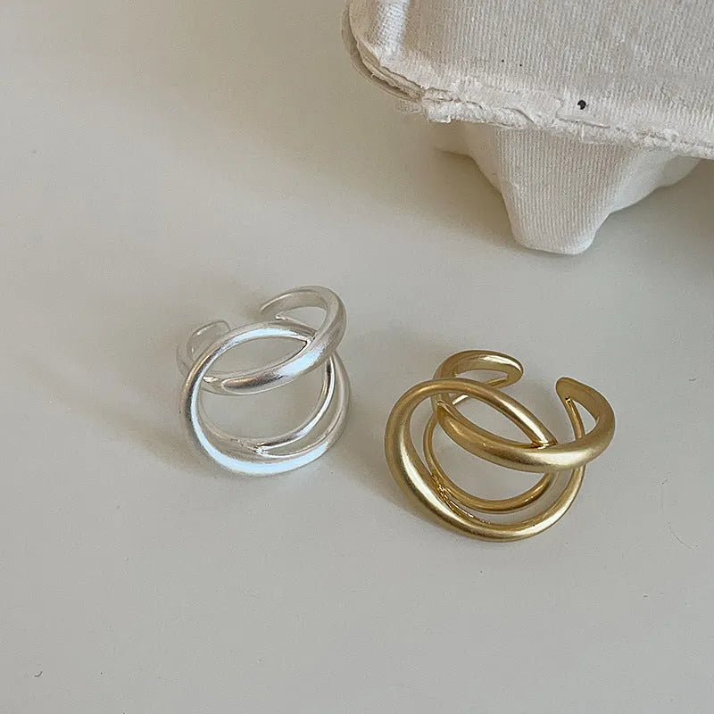 Three-dimensional interlaced matte metal geometric open ring in gold and silver plating options