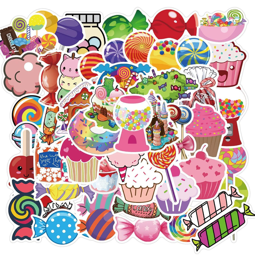 Pack of 50 colourful candy-themed graffiti and cartoon adhesive stickers, each measuring 4-6cm.