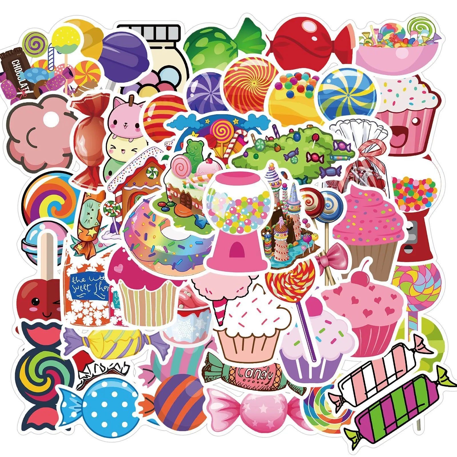 Pack of 50 colourful candy-themed graffiti and cartoon adhesive stickers, each measuring 4-6cm.
