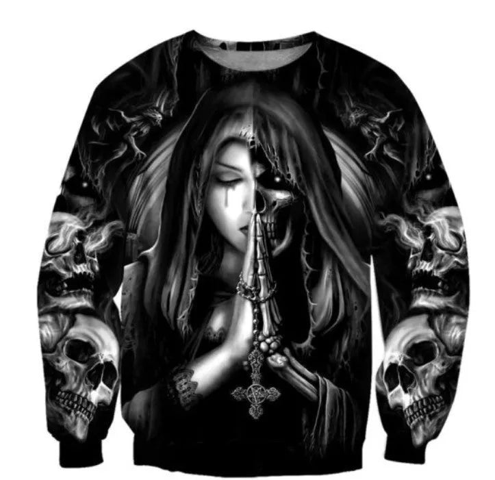 A black hooded sweatshirt with a large 3D graphic skull print on the front, showing long sleeves and a hood.