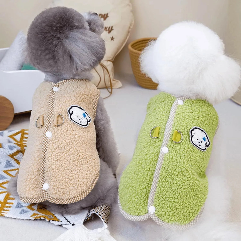 Green thickened coral fleece dog sweatshirt vest with a leash ring on a small dog.