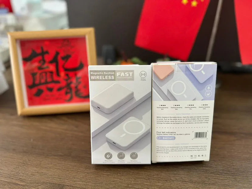 White magnetic wireless power bank with 5000mAh capacity showing creative design and compact dimensions