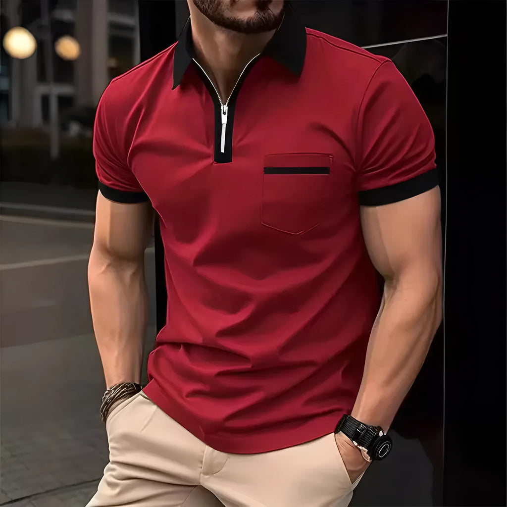 Men's casual short sleeve shirt with chest pocket and zipper decoration in multiple colour collar options