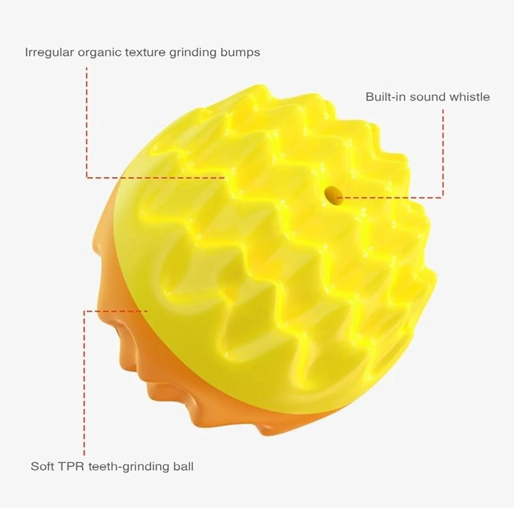 Blue and orange squeaky rubber dog ball with spiky texture for dental cleaning and aggressive chewers