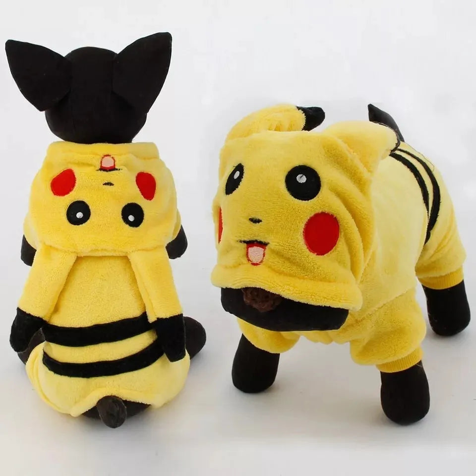 A cat or small dog wearing a soft fleece hooded winter coat in a cartoon style.