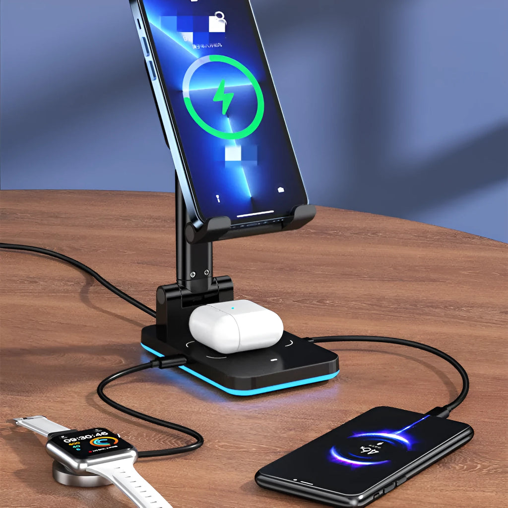 Cool Black desktop wireless charging phone holder with power cord on a wooden desk