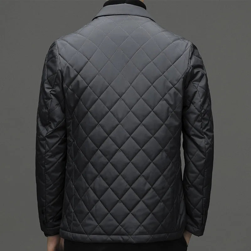 Men's winter down jacket with lapel collar and side pockets in solid colour