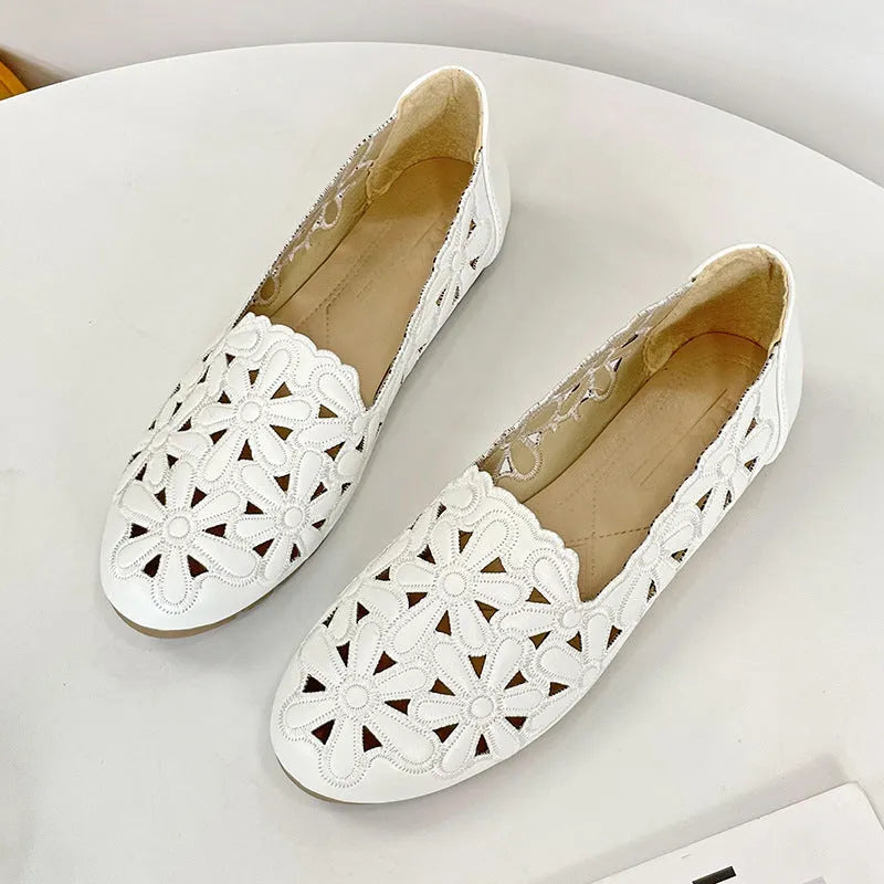 Beige soft bottom hollow breathable casual flat shoes for women with low heel and rubber sole