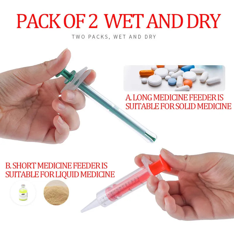 Two pet pill shooters with soft silicone tips for cat and dog medication feeding