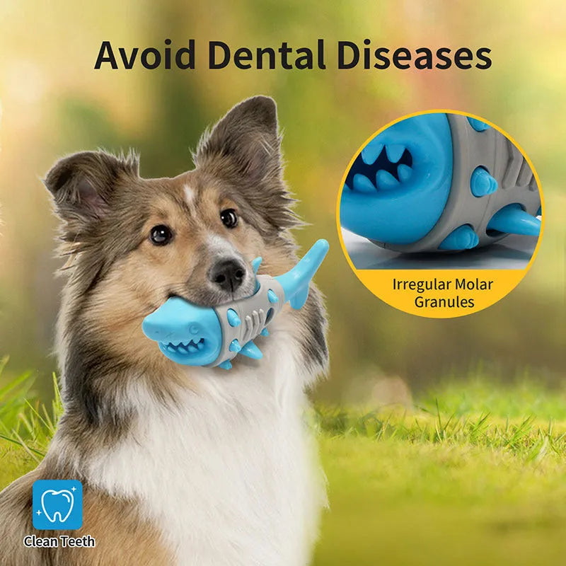 Blue shark-tooth textured dog teething toy with ventilation channels for puppy oral health